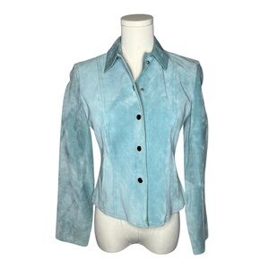 Vintage Anne Klein Pastel Baby Blue Suede Snap Button Collared Leather Jacket